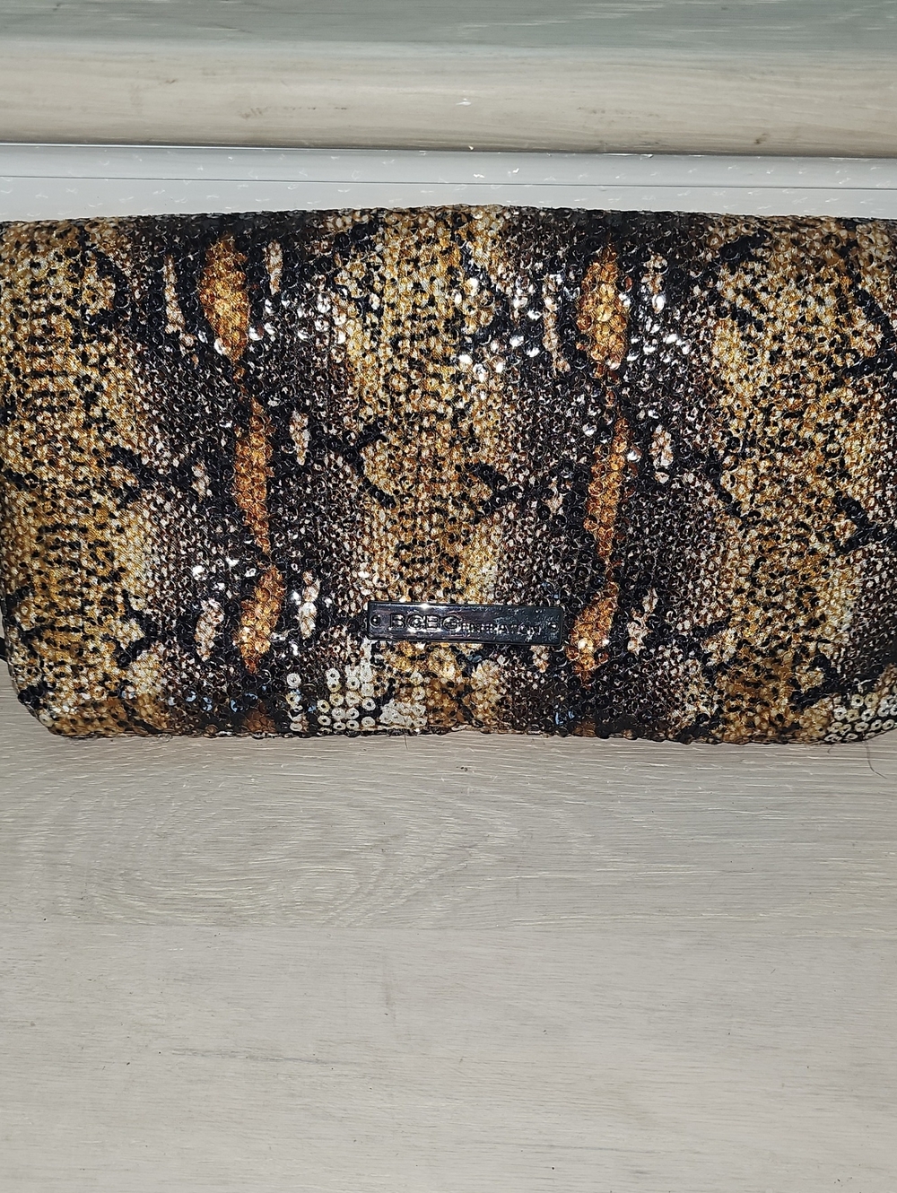 Sequin Snake-Print Evening Clutch in Brown-Tone